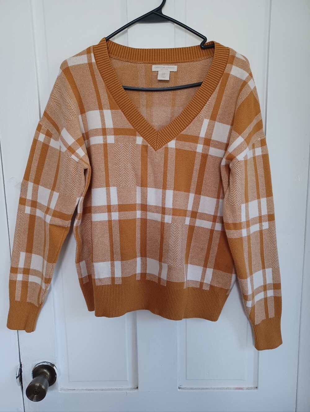 Christian Siriano Women V-Neck Plaid Sweater in Mustard and White Size M